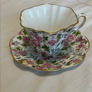Piccadilly “Blossom Time, and Rosina-Floral Teacup and Saucer with Gold Trim